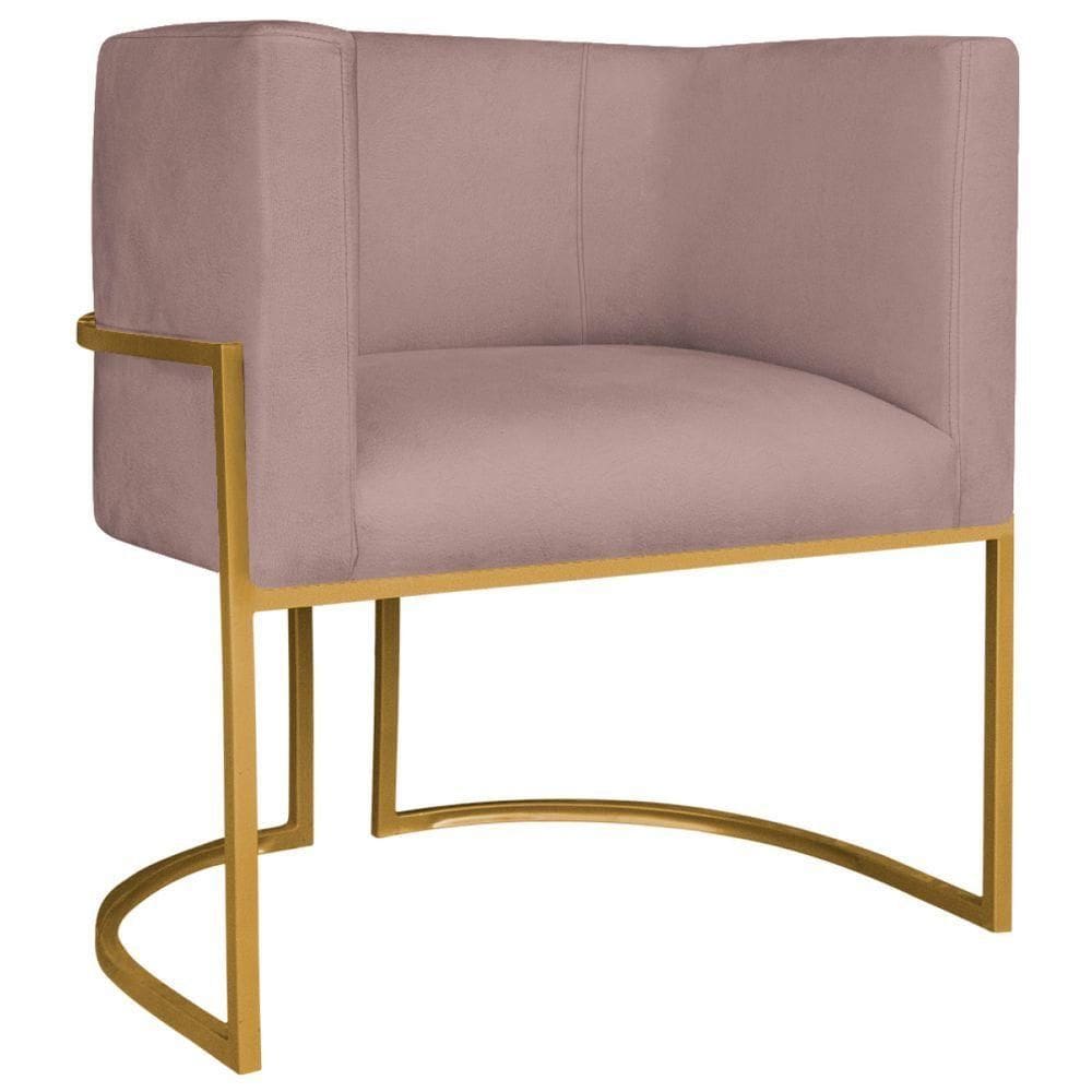 Poltrona Decorativa Luna Base De Ferro Dourado Linho Cor Rosê