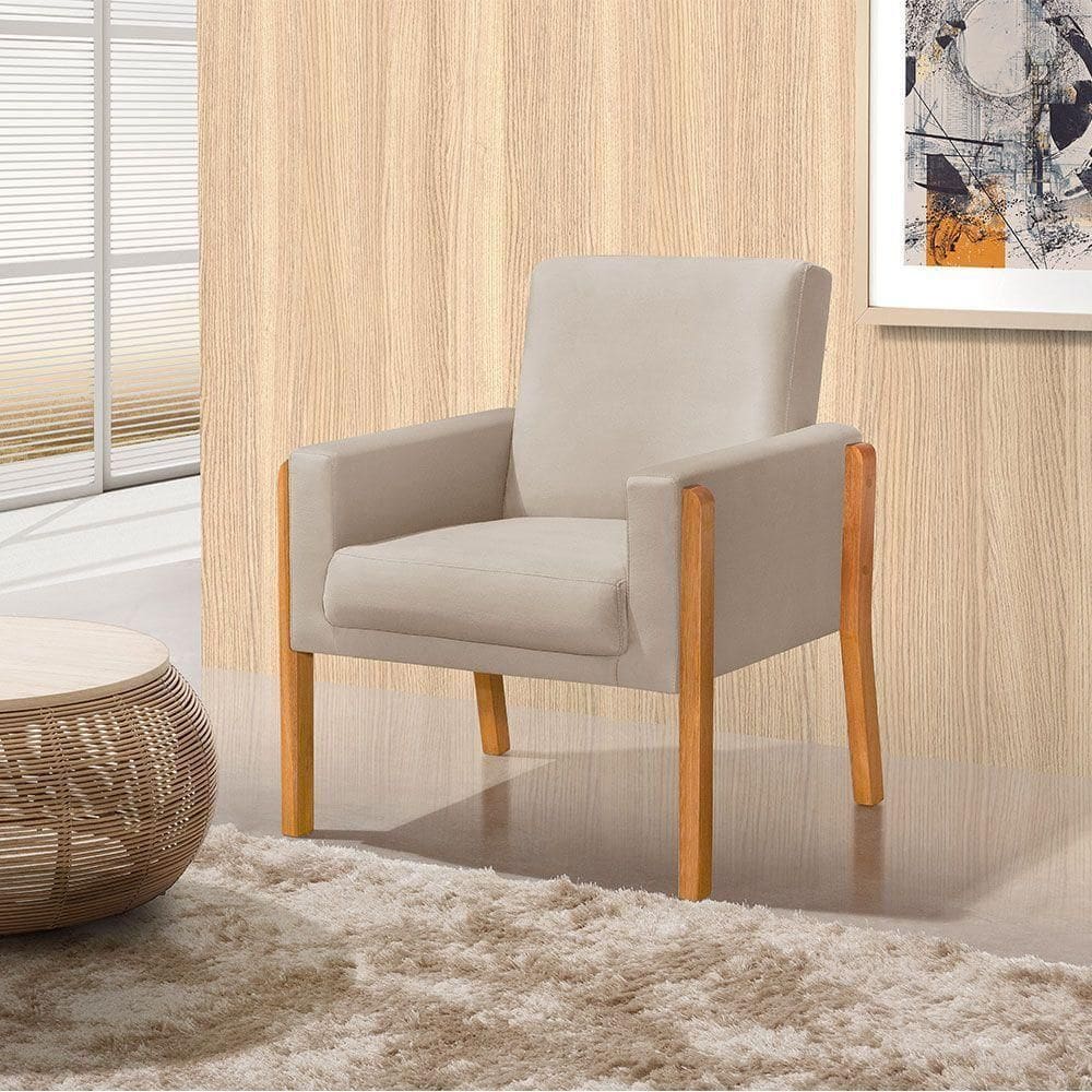 Poltrona Sala De Espera Pés Em Madeira Santorini Veludo Bege - Bege