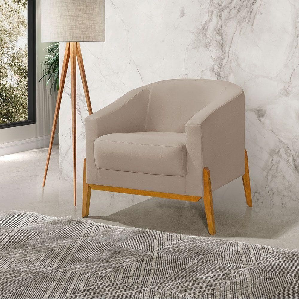 Poltrona Living Base Em Madeira Maciça Flórida Veludo Bege - Bege