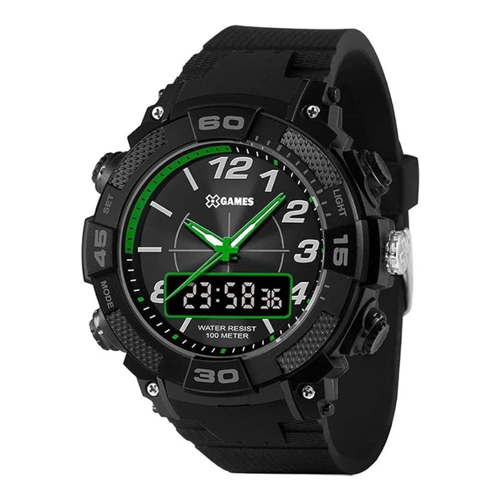 Relógio X-Games AnaDig Preto Verde Silicone Prova D`agua