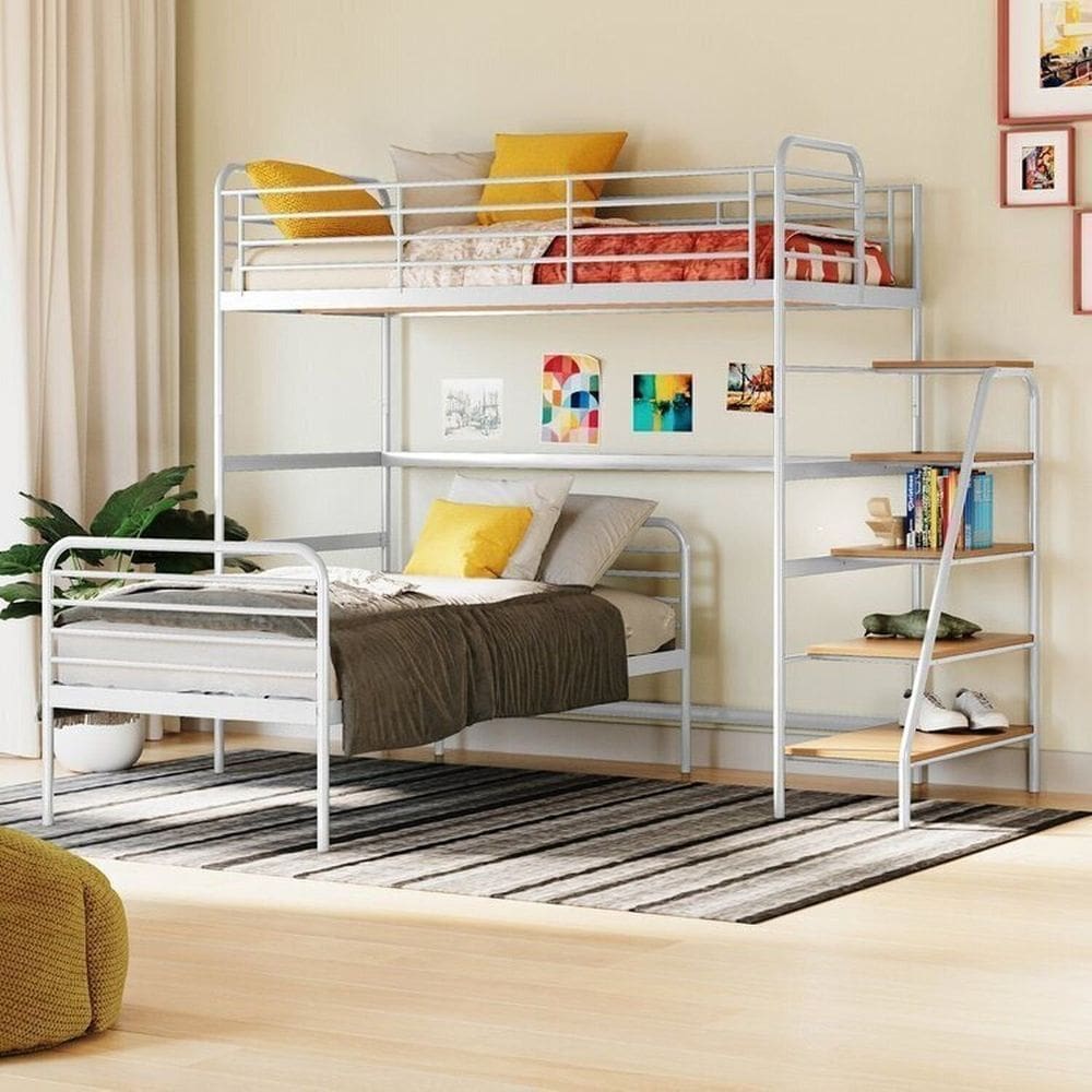 Conjunto Cama Alta com Cama Solteiro Infantil / Juvenil Teko Casatema Branco Fosco /Álamo