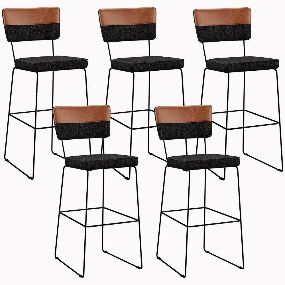 Kit 05 Banquetas Altas Faixa Camel Linho Chumbo