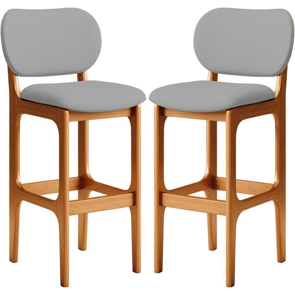 Kit 02 Banquetas Alta Para Cozinha Madeira Fixa Betta L02 Imbuia Corano Cinza - Lyam Decor