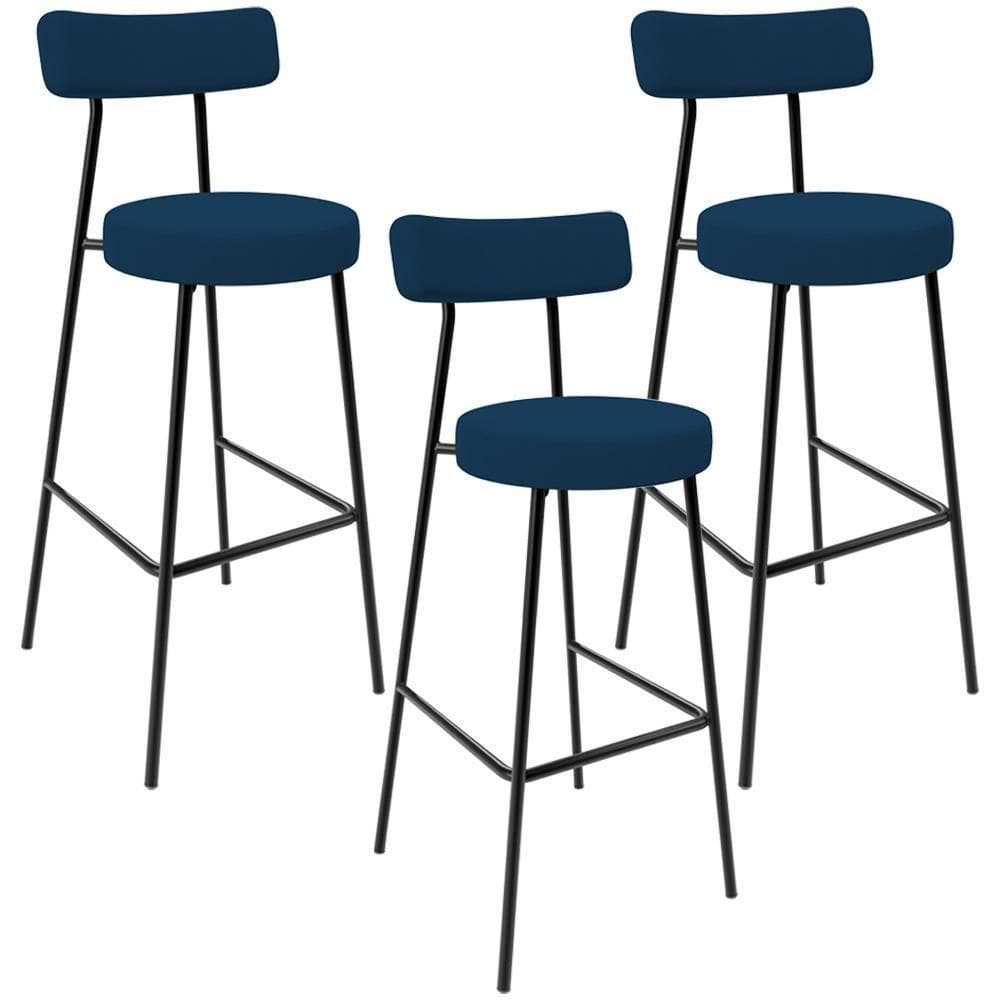 Kit 03 Banquetas Alta Bar Cozinha Sala De Jantar Em Aço Milão L02 Suede Azul Marinho