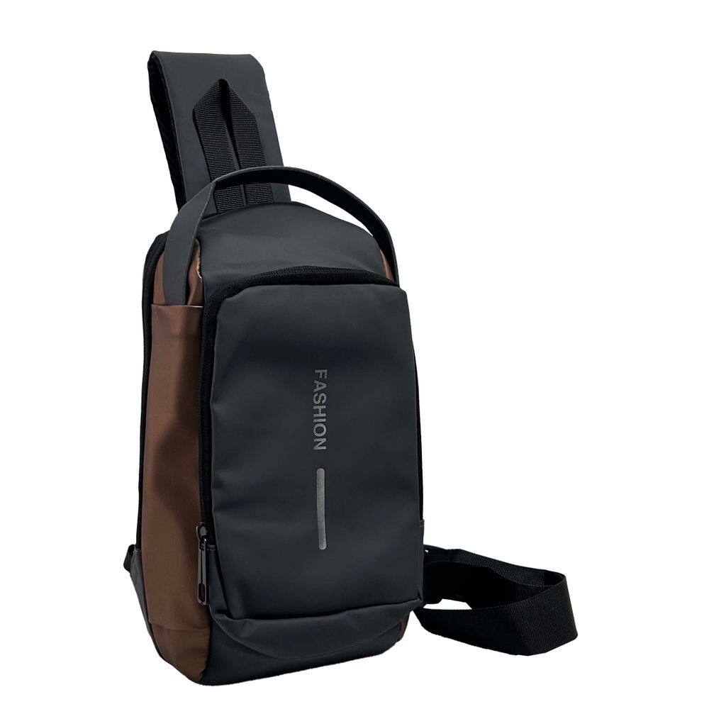 Pochete Mochila Shoulder Bag Ombro Transversal Impermeável Preto com Marrom