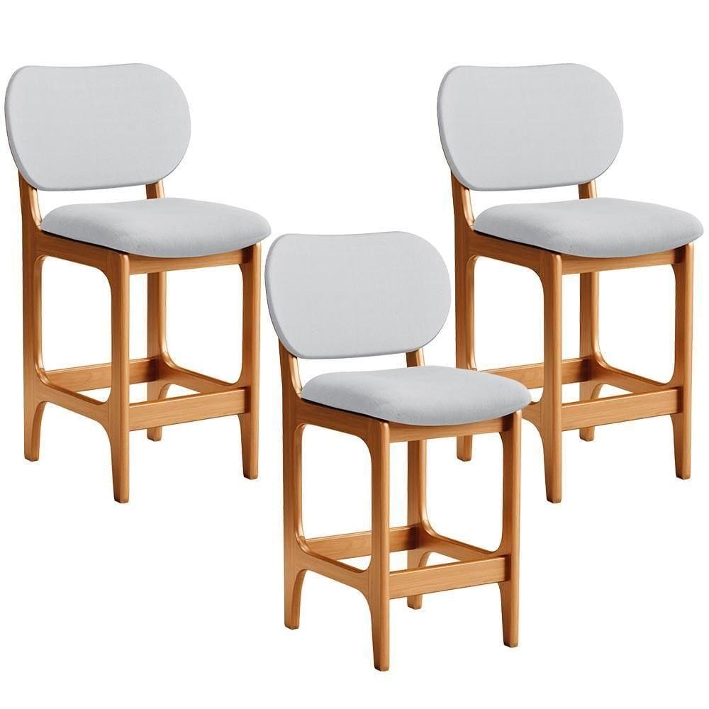 Kit 03 Banquetas Baixa Bar Cozinha E Sala De Jantar Fixa Betta L02 Imbuia Linho Cinza