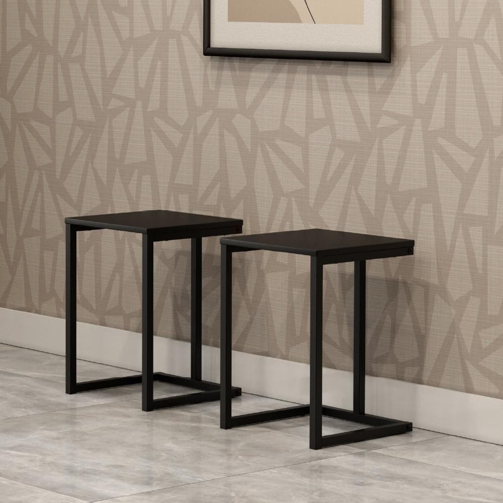 Conjunto 2 Banquetas Sala De Jantar Tubo Preto Madeirado Preto
