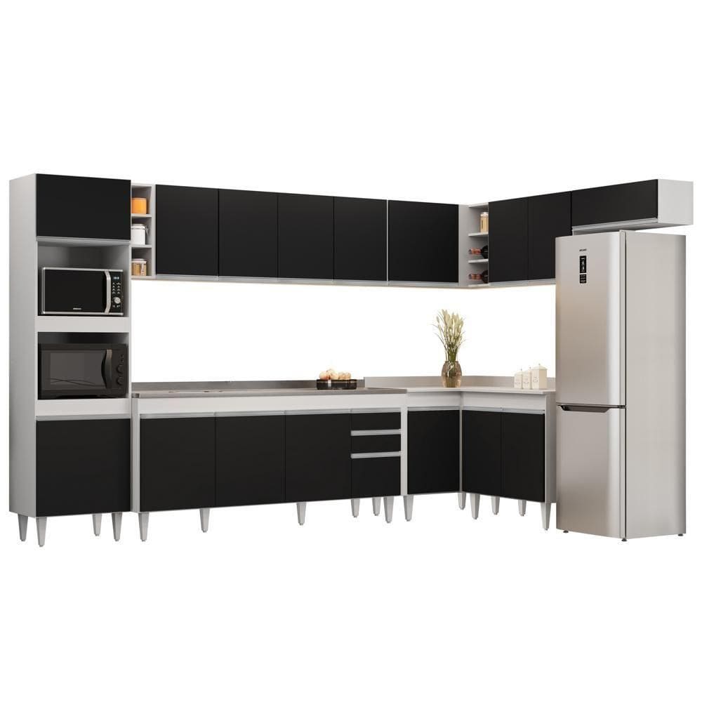 Armário De Cozinha Modulada De Canto 9 Peças Cp06 Balcão Com Pia Inox Branco-preto - Lumil