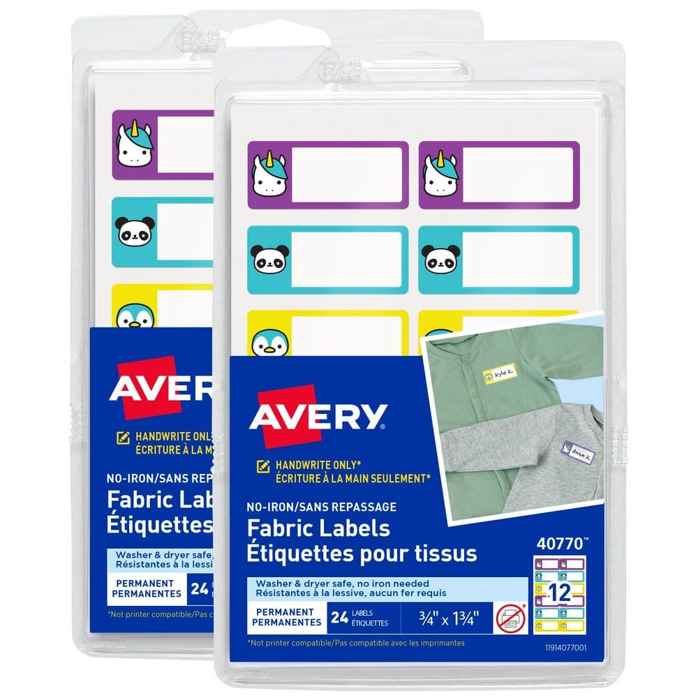 Etiquetas de nome de tecido Avery No-Iron Soft Pastels, pacote com 2 x 48