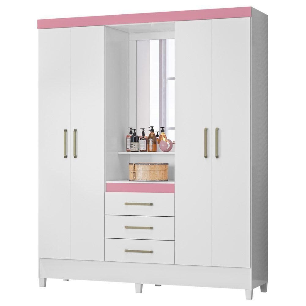 Guarda Roupa 4 Portas 3 Gavetas Persia Branco/Rosa/Branco