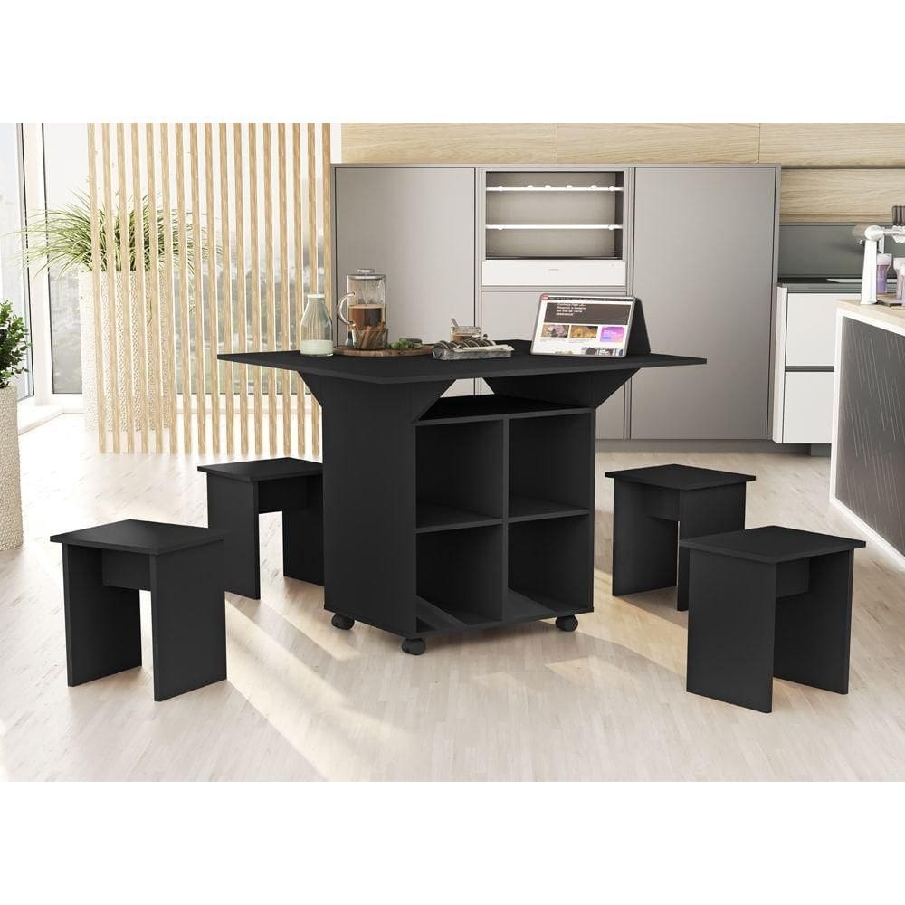 Mesa Dobrável Jeff Com Bancos Preto