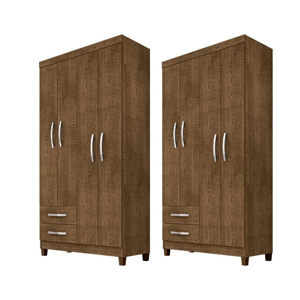 Kit Com 2 Guarda Roupa Solteiro 4 Portas 2 Gavetas Modena Malbec Incorplac