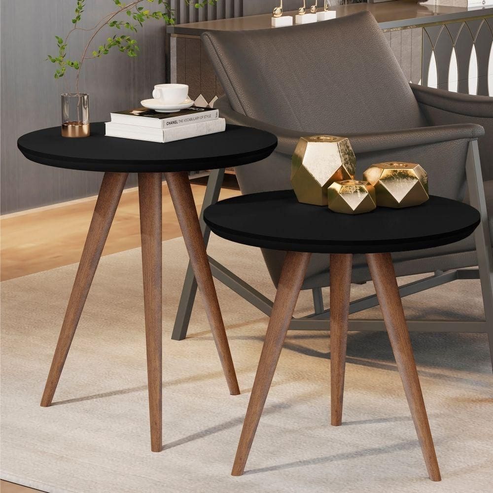 Kit Mesa De Apoio E Lateral Sofá E Sala Visita Preto Fosco