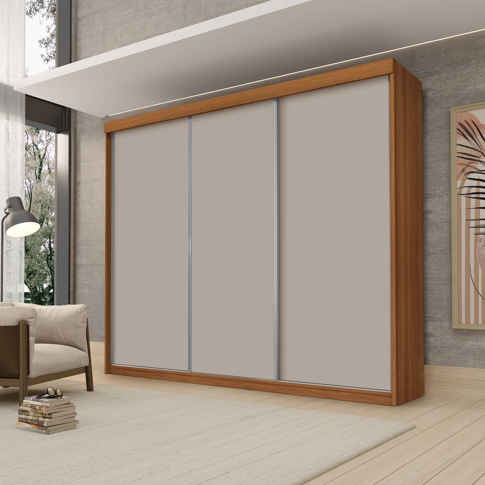 Guarda Roupa Casal Luxo Florença 100% Mdf c/ 3 Portas de Correr 5 Gavetas -Trilhos em Alumínio - Luapa - Freijó/Mani