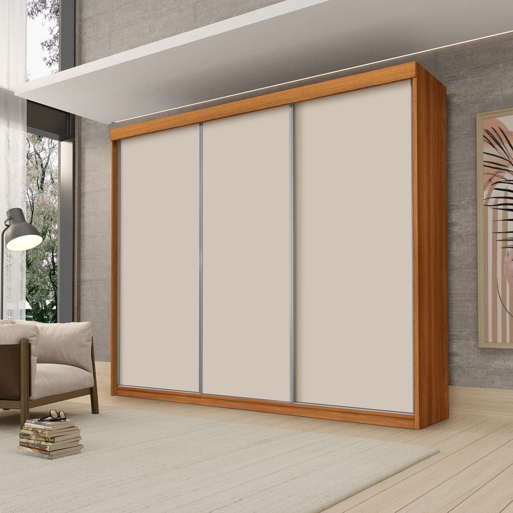 Guarda Roupa Casal Luxo Florença 100% Mdf c/ 3 Portas de Correr 5 Gavetas -Trilhos em Alumínio - Luapa - Freijó/Off