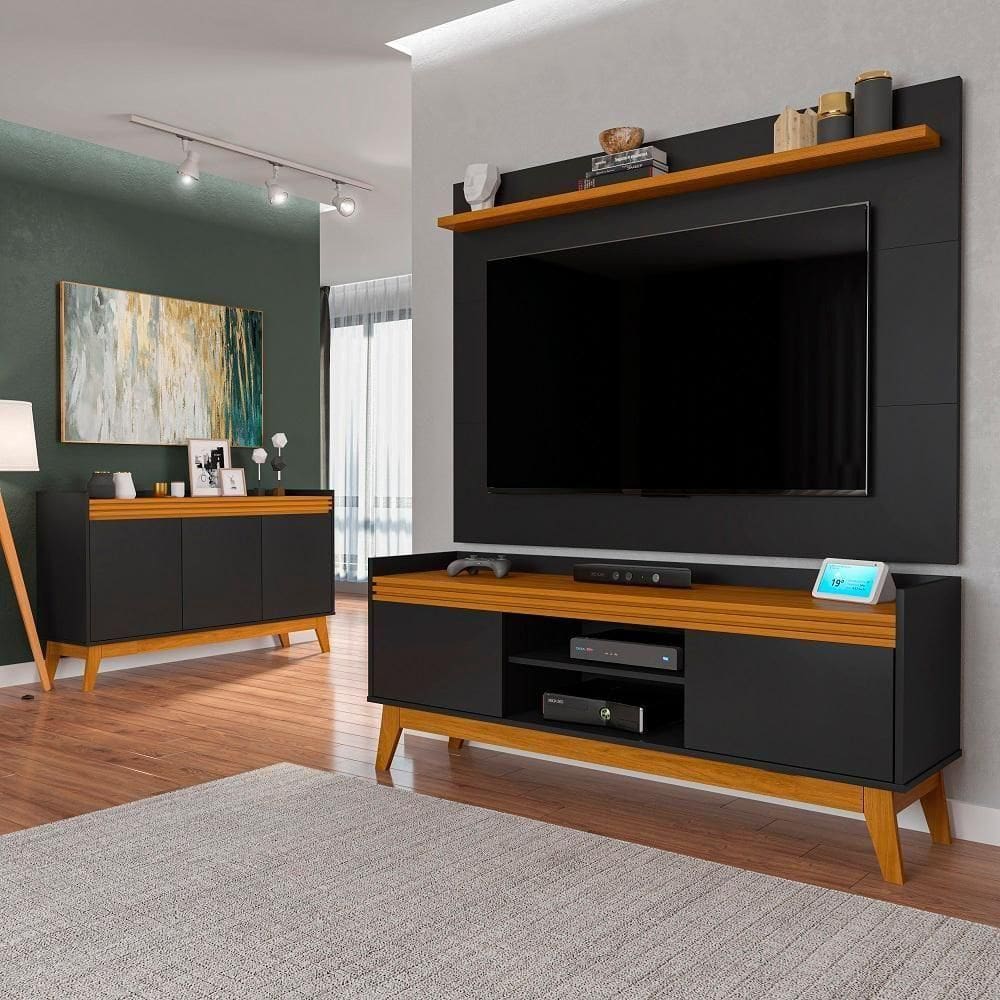 Conj Sala De Estar Buffet E Rack Com Painel 136cm Preto/Cedro