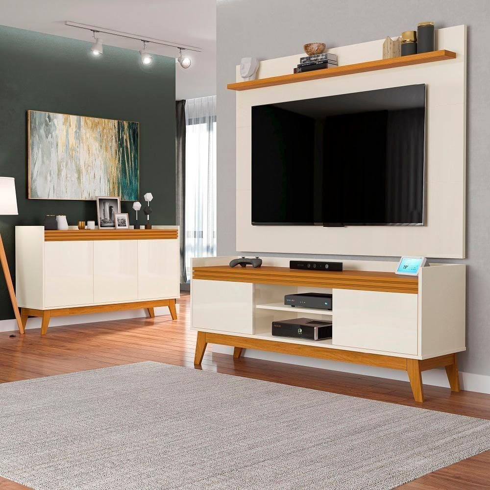 Conj Sala De Estar Buffet E Rack Com Painel 136cm Off White/Cedro