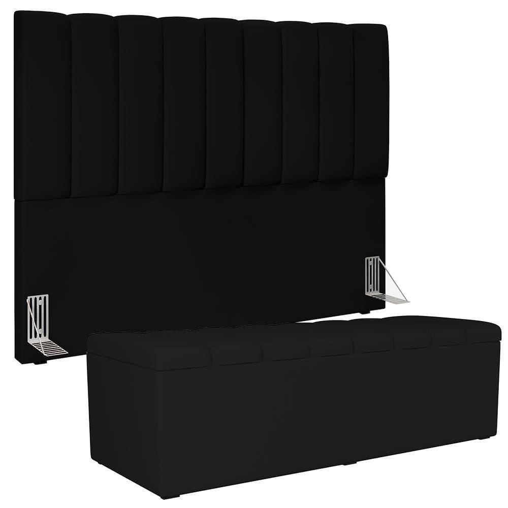 Kit Cabeceira Casal Queen 160cm Com Calçadeira Baú Preto