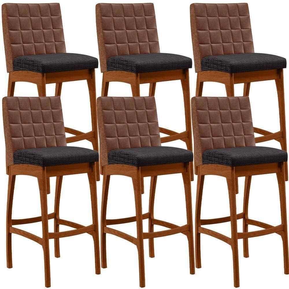 Kit 06 Banquetas Altas Mila Marrom Linho Chumbo