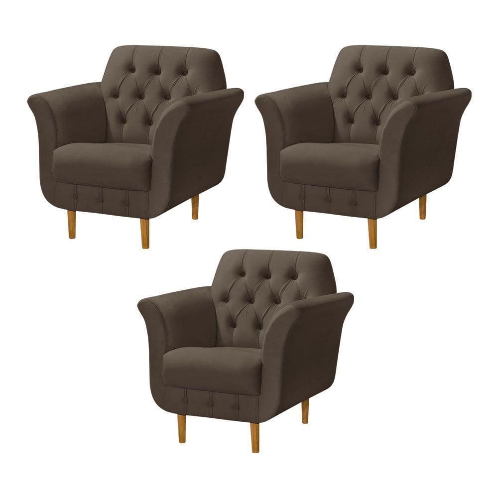 Kit 3 Poltronas Decorativa Pés Palito Em Madeira Playa Veludo Marrom - Marrom
