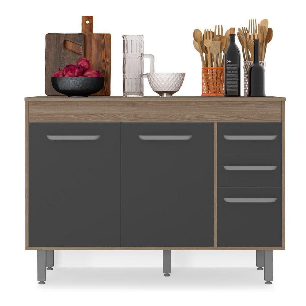Balcão Flex Com 3 Portas E 2 Gavetas Sem Tampo Barcelona Cor Carvalho Oak Grafite Poliman Móveis
