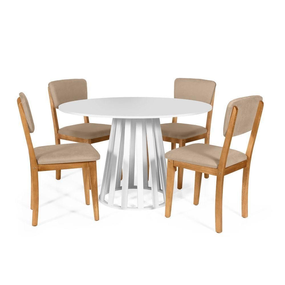 Mesa De Jantar Redonda Gabi Branca Com 4 Cadeiras Estofadas Ella Bege