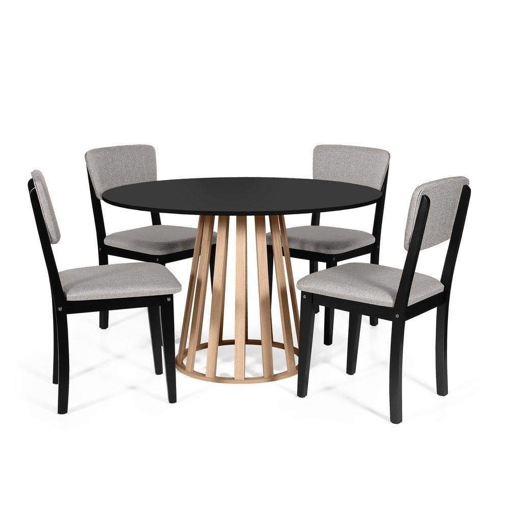 Mesa De Jantar Redonda Gabi Pret/jade Com 4 Cadeiras Estofadas Ella Preto/cinza Claro