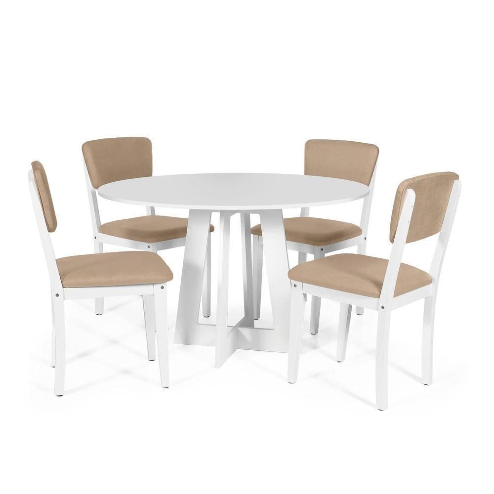 Mesa De Jantar Redonda Montreal Branca Com 4 Cadeiras Estofadas Ella Branco/bege