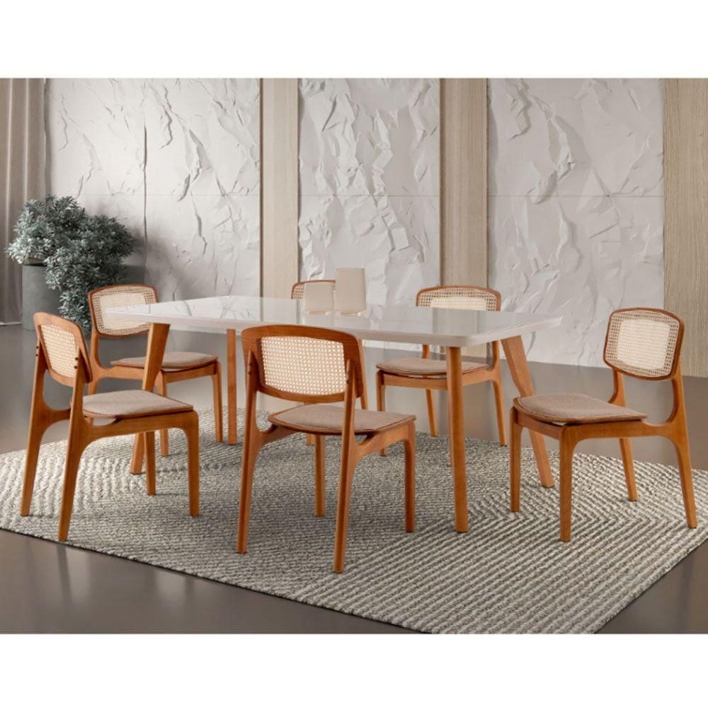 Conjunto Mesa Malta 160cm 6 Cadeiras Off White