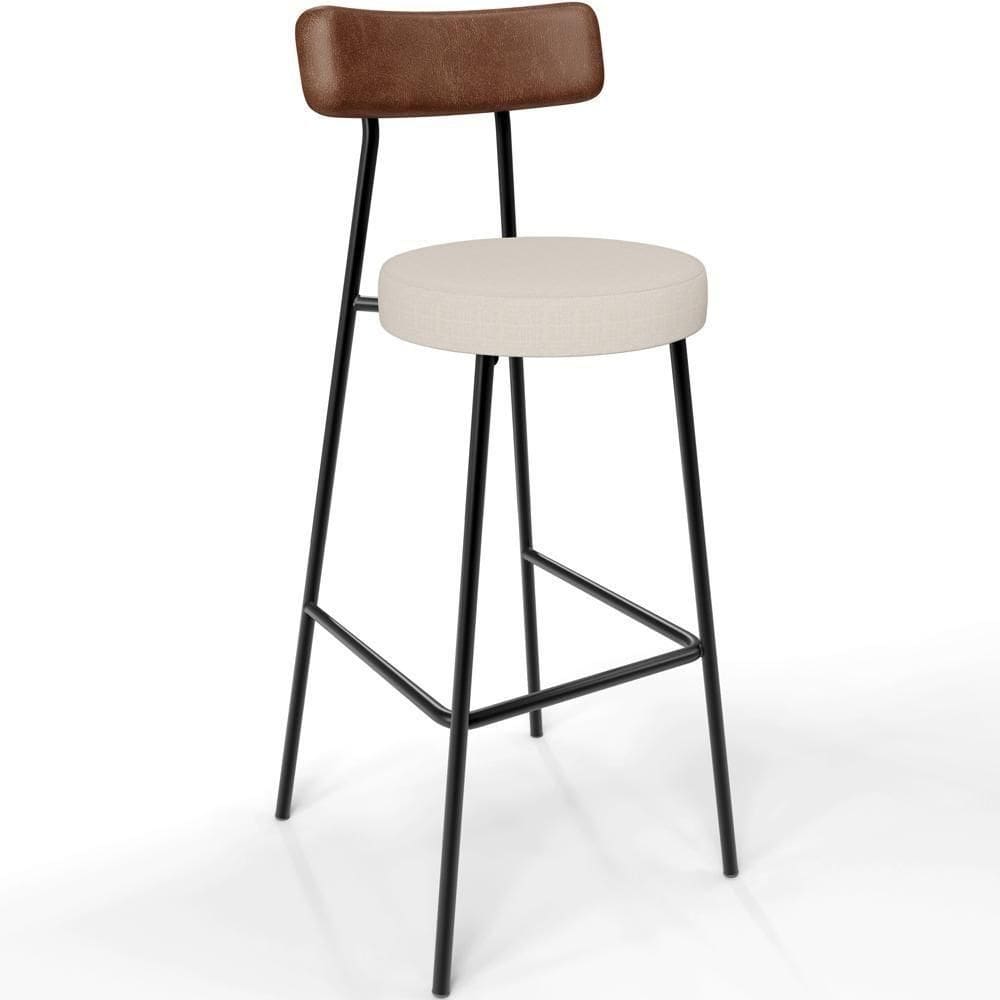 Banqueta Alta Bar Cozinha Sala De Jantar Em Aço Milão L02 Couríssimo Marrom Linho Cru