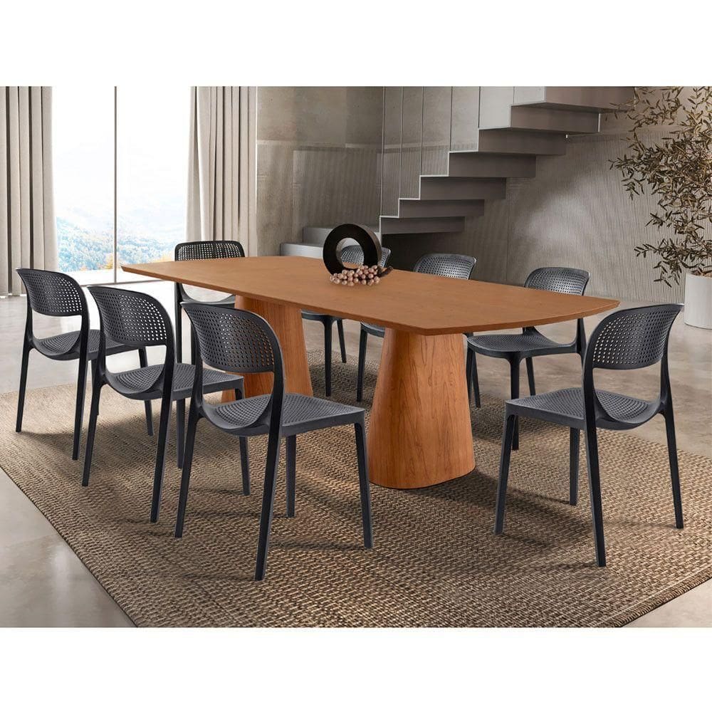 Conjunto Mesa Noronha 220cm Madeira Com 8 Cadeiras Zoe Cinamomo Imbuia/preta