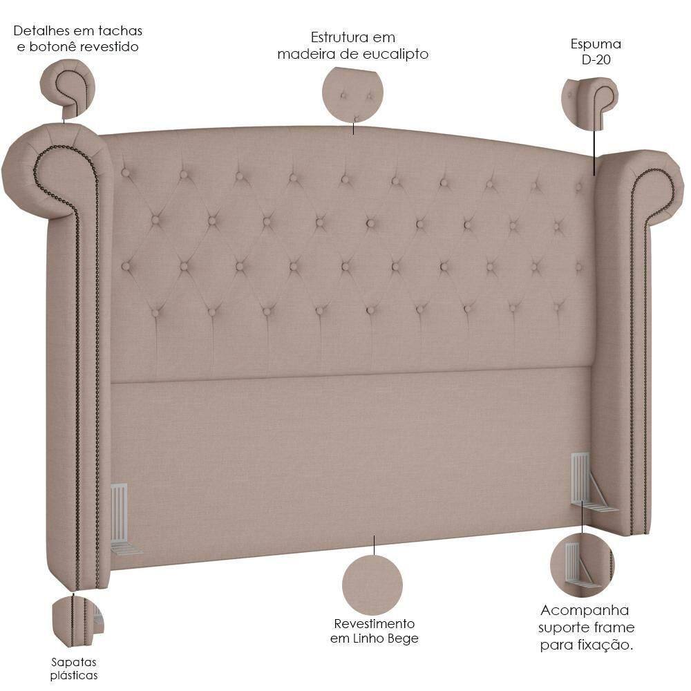 Cabeceira Cama Box Queen Com Tachas 160 Cm Sofia P05 Linho Bege Areia