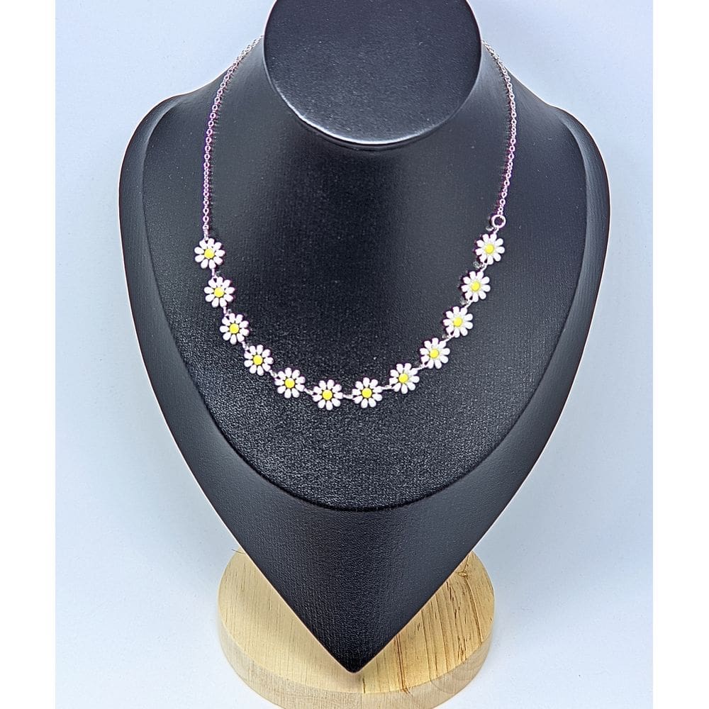 Colar Choker Feminino Margarida flor girassol colorido Branca folheado a Prata Inspiração Verão acessórios Moda