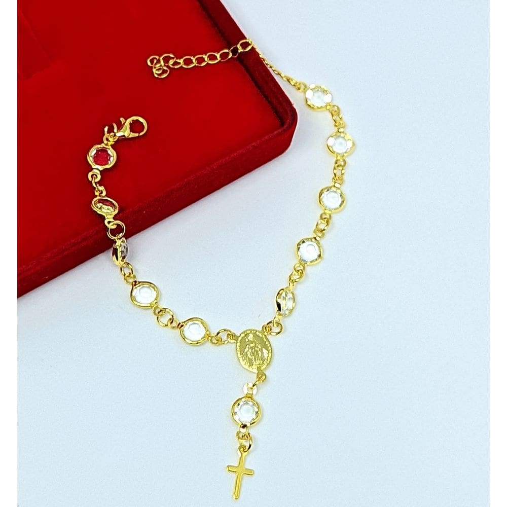 Pulseira Bracelete Terço religiosa pedras cristais Zircônias com pingente nossa senhora aparecida com cruz lançamento
