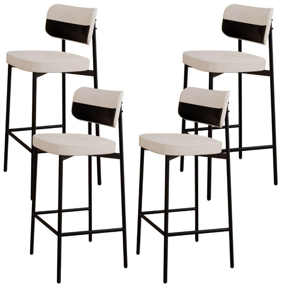 Kit 04 Banquetas Alta Bar Cozinha Sala De Jantar Aço Preto Kaira C01 Linho Palha Courino Preto - Lyam Decor