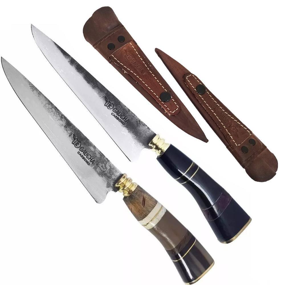 2 Facas Modelo Tesoura de Tosquia Artesanal 7` Gaúcha Churrasco Carbono 1070