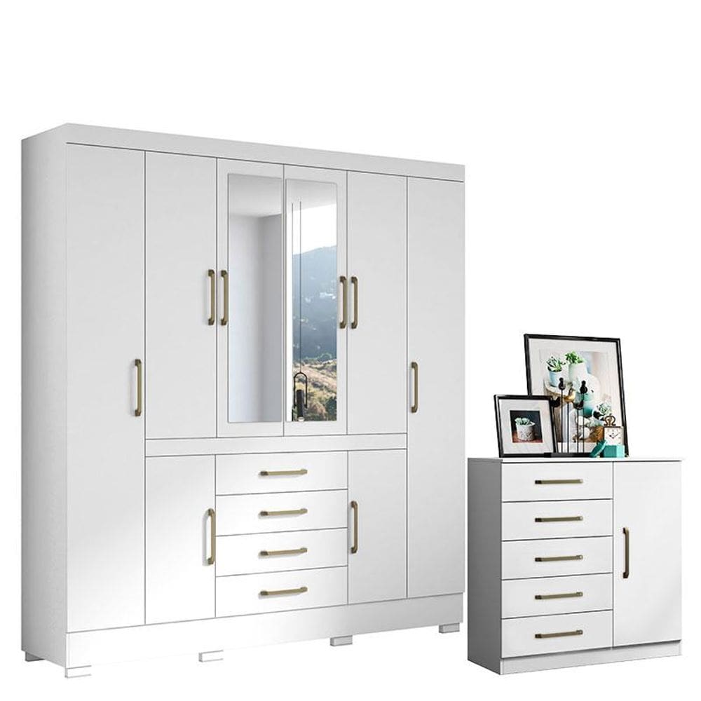 Cômoda Milão e Guarda Roupa Casal Nápole 2045149 Branco Brilho - Aramóveis