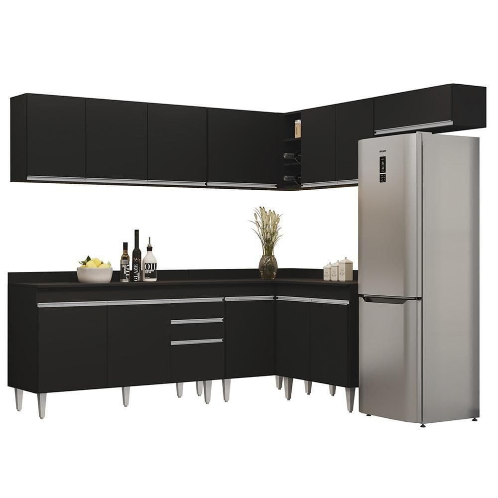 Armário De Cozinha Modulado De Canto 7 Peças Cp23 Balcão Com Tampo Preto - Lumil