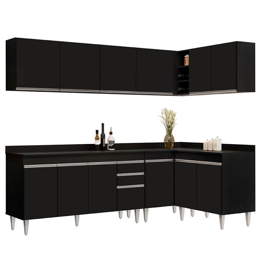 Armário De Cozinha Modulado De Canto 6 Peças Cp32 Balcão Com Tampo Preto - Lumil