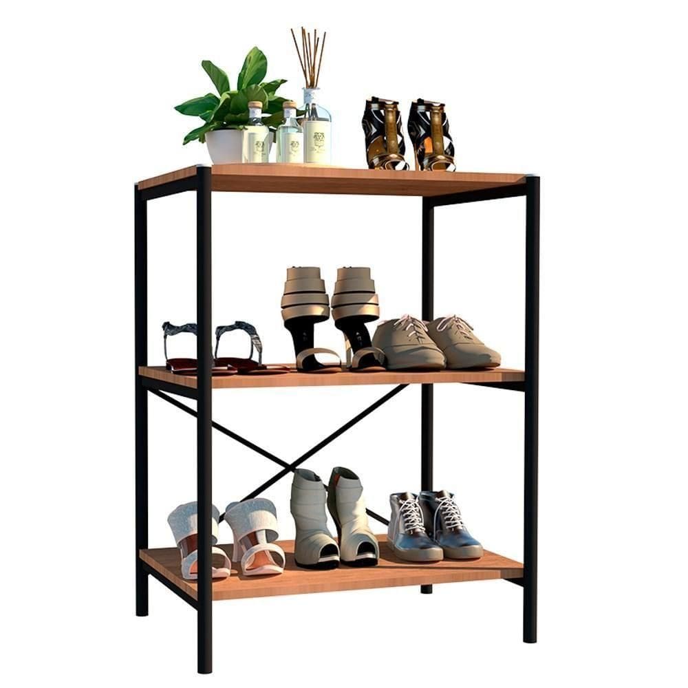 Sapateira Multiuso Hall De Entrada 60cm 3 Prateleiras Padova Demolição-preto - Artefamol