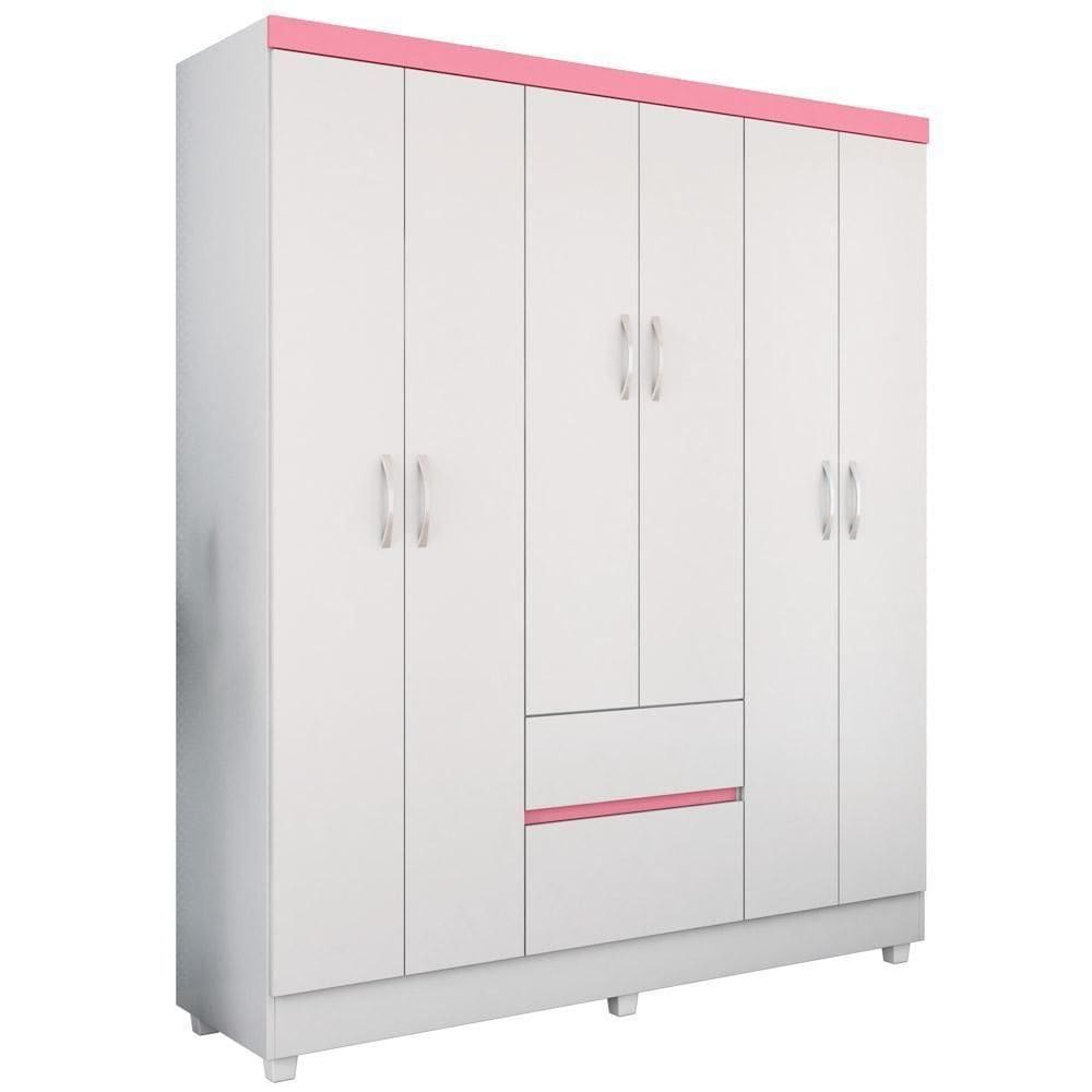 Guarda Roupa Casal 6 Portas 2 Gavetas Flash Ii D02 Branco-rosa-branco - Mpozenato