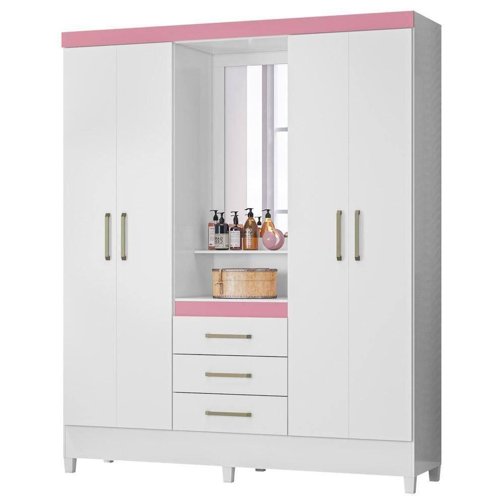 Guarda Roupa Capelinha 4 Portas 3 Gavetas Persia D02 Branco-rosa-branco - Mpozenato