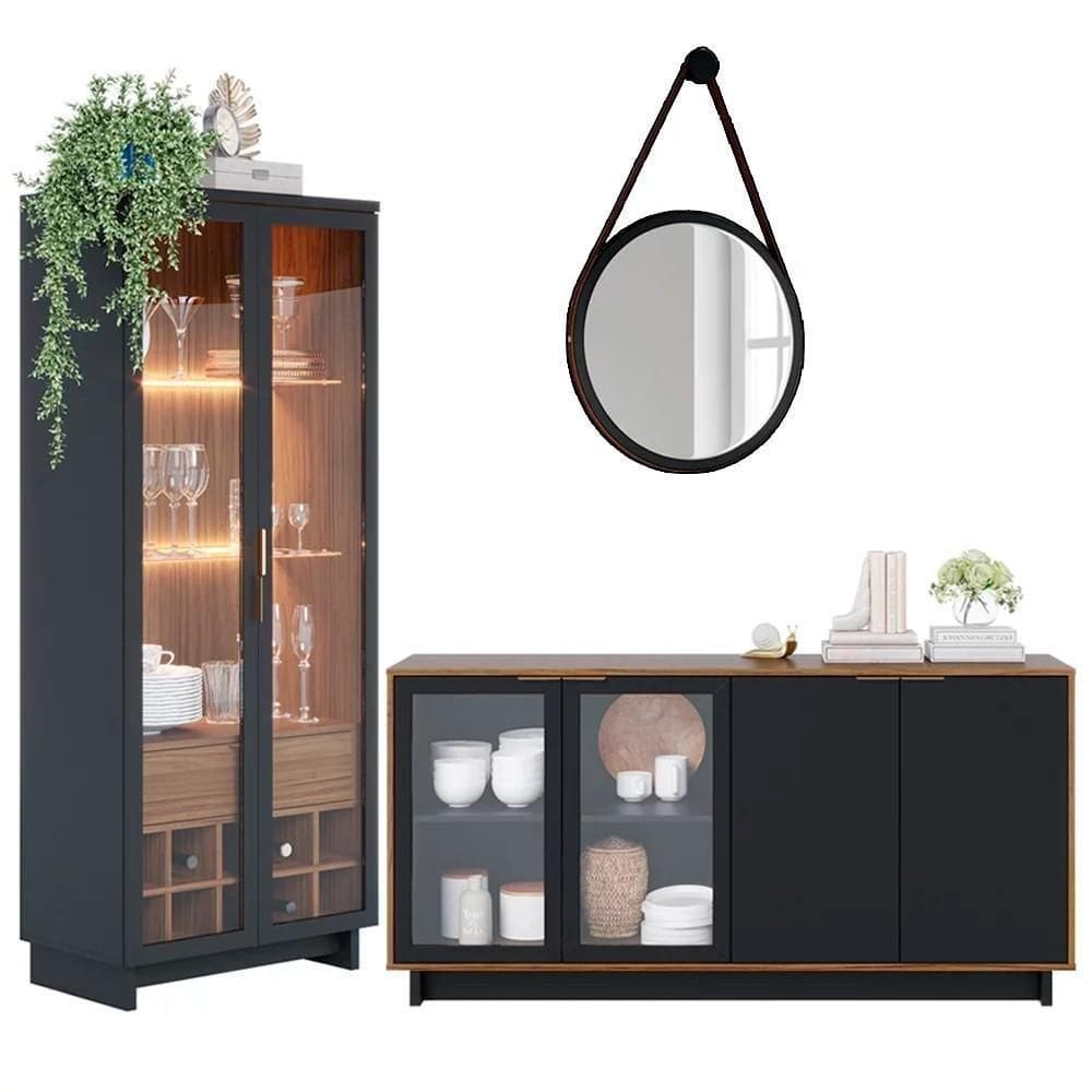 Sala De Jantar Cristaleira Tijuca E Buffet Vicky Com Espelho C05 Preto-noce Milano - Mpozenato