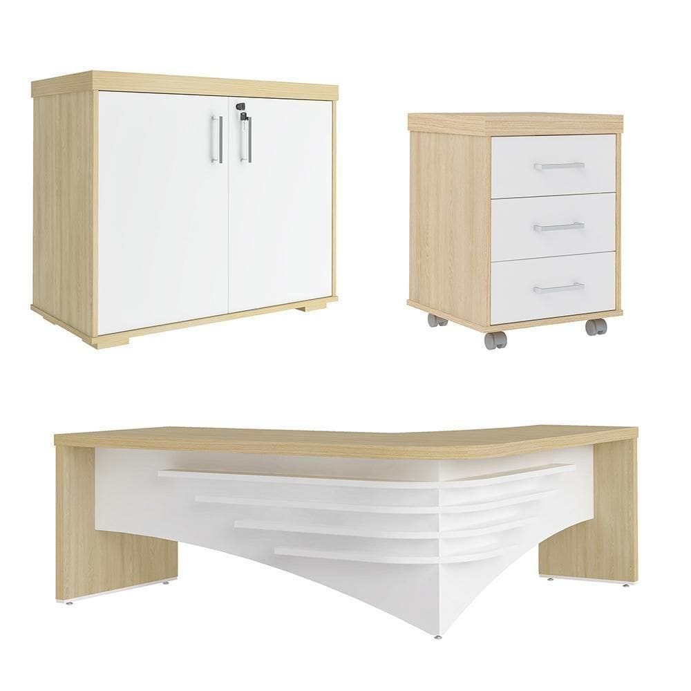 Conjunto Escritório Home Office 3 Peças Mesa Em L Corp A06 Carvalho-branco - Mpozenato