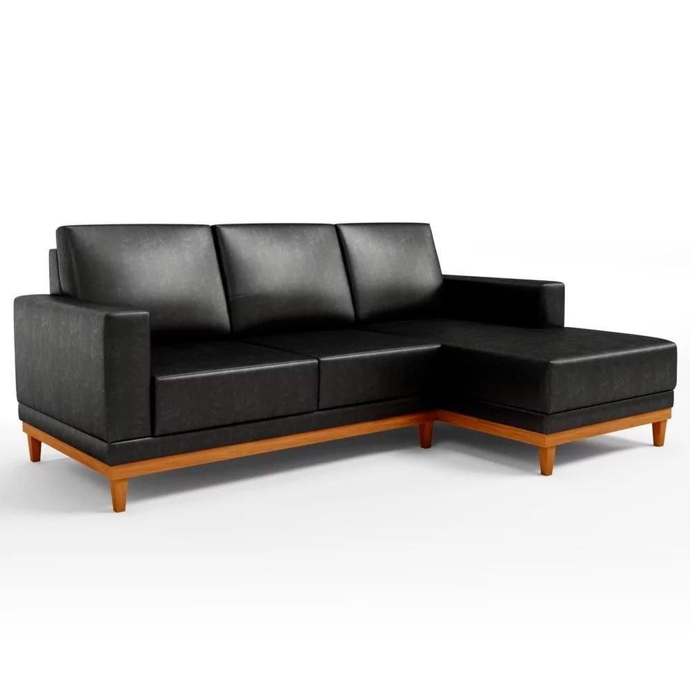 Sofá 3 Lugares 200cm Living Com Chaise Direito Sala De Estar Kayrós D05 Sintético Preto - Mpozenato