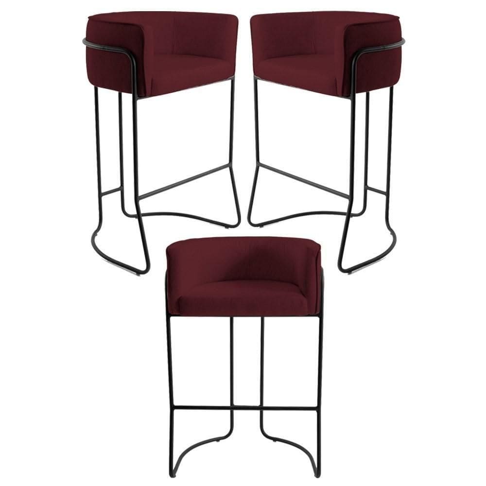 Kit 3 Banquetas Decorativas Base Aço Preto Betina Veludo C-278 Marsala - Domi