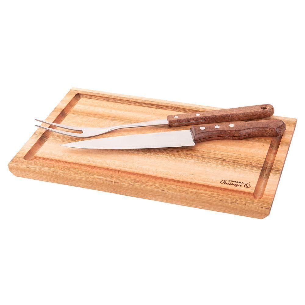 Kit Churrasco 3 Peças Garfo Faca Inox Tábua Essence