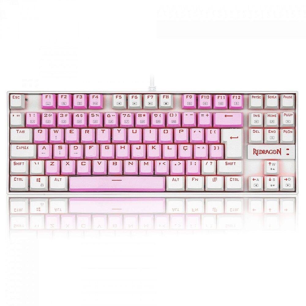 Teclado Mecânico Gamer Redragon Kumara, Switch Blue, LED Red, ABNT2, Rosa e Branco