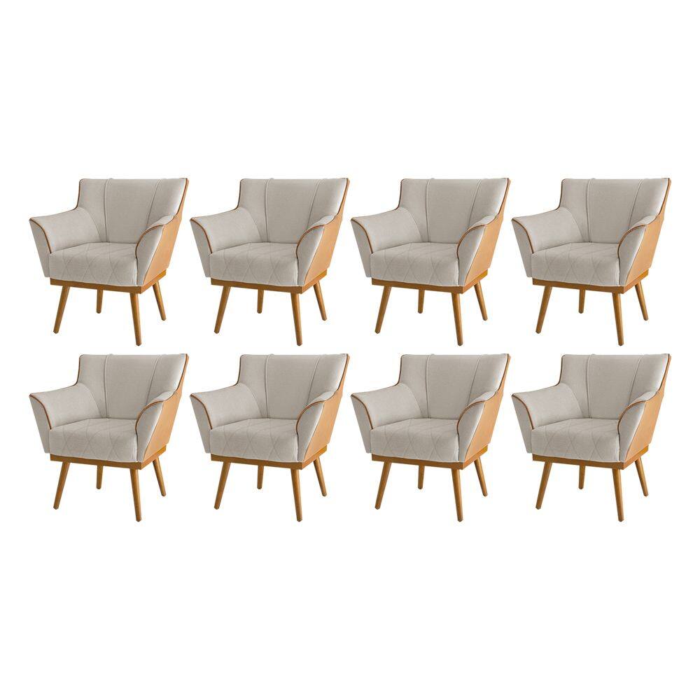 Kit 8 Poltronas Decorativas Floresta Base em Madeira Veludo Bege com Courino
