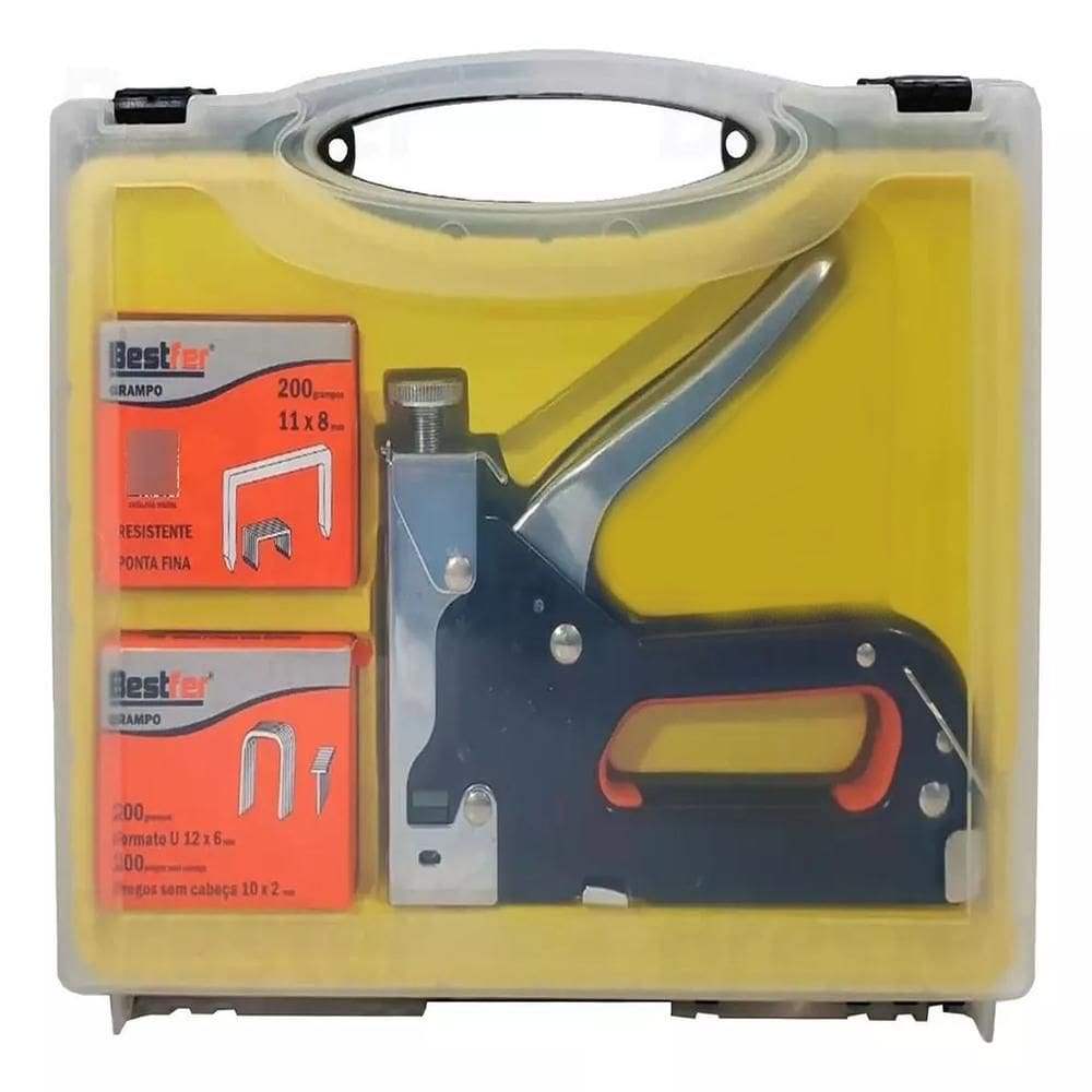 Grampeador Pinador Profissional Kit Completo Com Maleta 300 Grampos Pregos 4 A 14Mm Uso Em Tapeceiro Madeira E Estofado